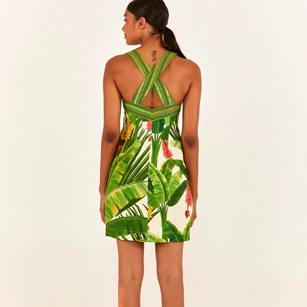 NWT Farm Rio Fresh Forest Scarf Sweetheart-Neck Minidress